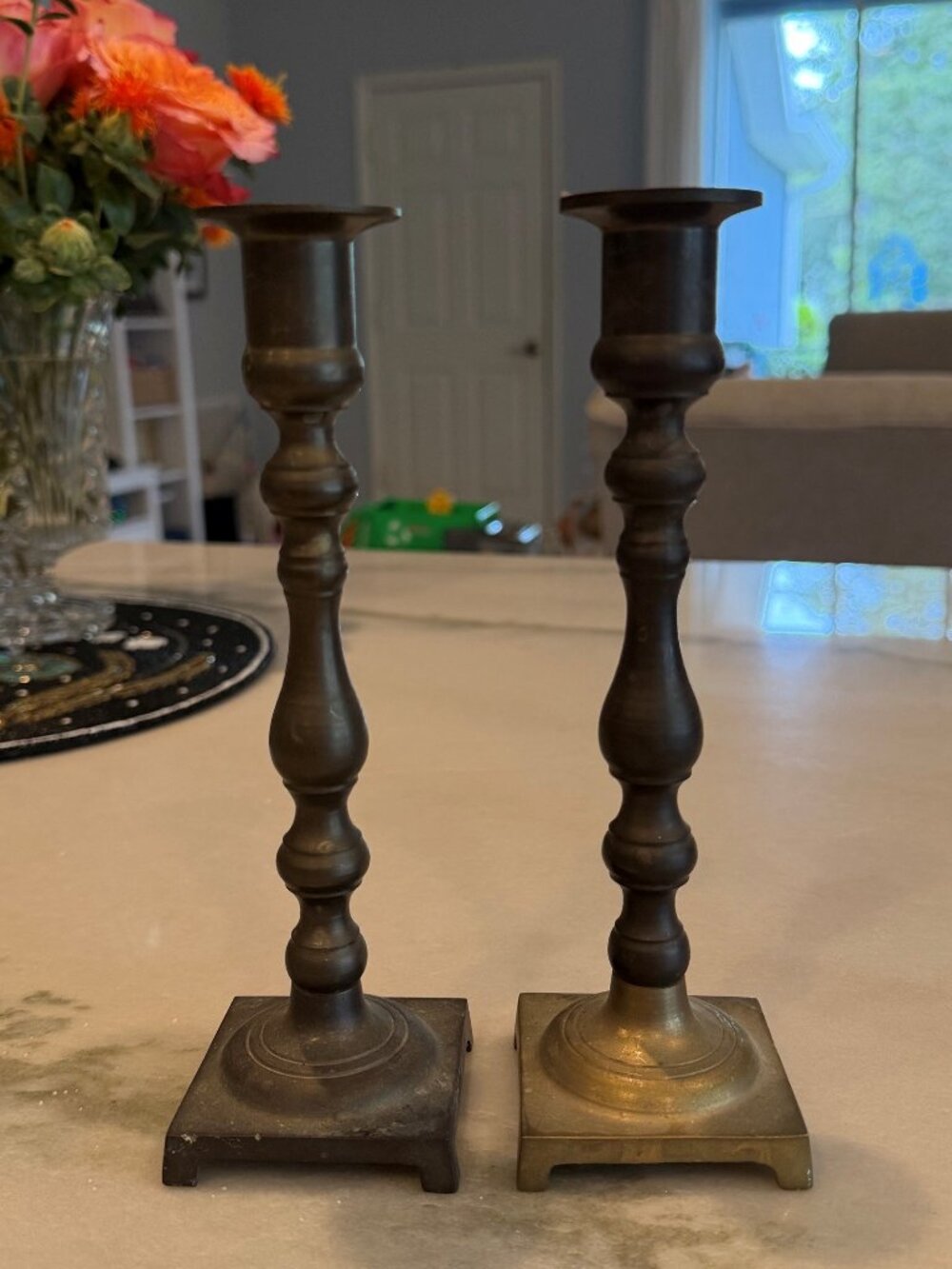 Vintage Brass Candlesticks Pair 8 Inch Square Base Taper Holders
